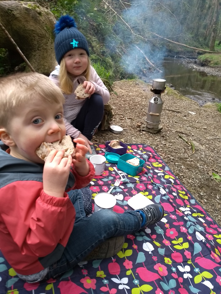 Tea for dad and hot milk for us, Kelly Kettle is perfect for cold picnics in the forest
