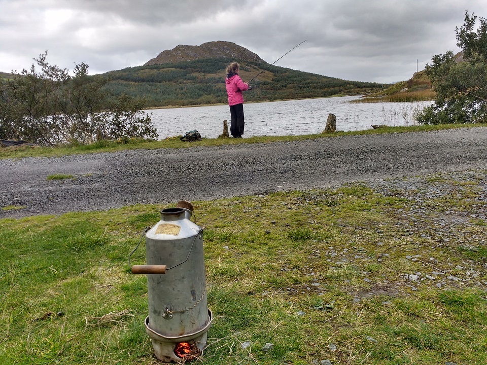 We go out angling with our daughters often. This picture is taken at one of our favourite places. Here is our eldest daughter fishing for brown trout.We always bring the Kelly Kettle to make tea, coffee and hot chocolate.