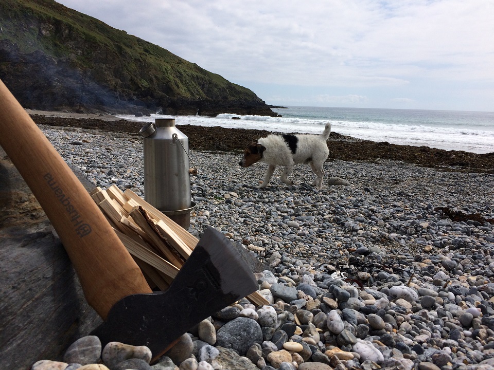 Just me, the dog and my Kelly Kettle. Perfect for a brew on a deserted beach. (Carne Beach, Cornwall, U.K.)