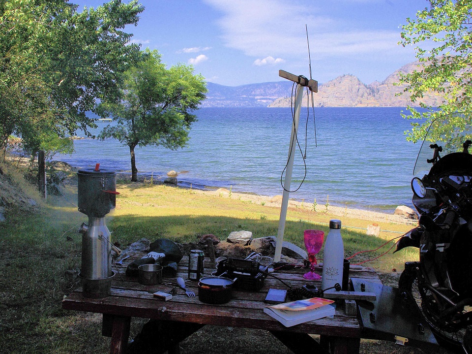 Was a beautiful campout with the bike, the HAM radio & the Kelly Kettle at my good friend Dan near Summerland, BC, my own private beach front property on the Okanagan Lake B.C.  Summer of 2019