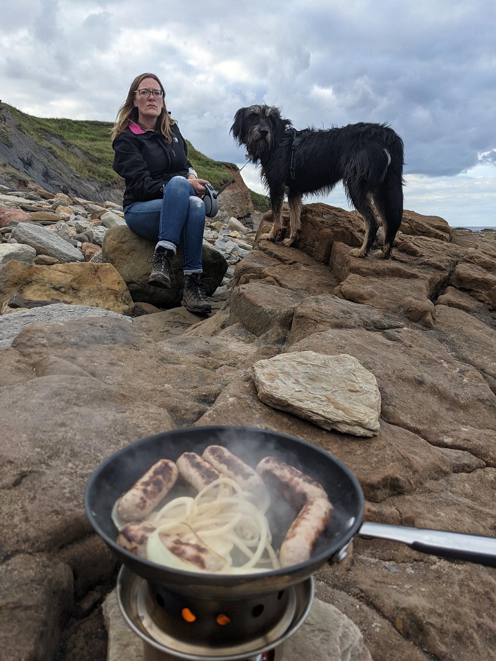Enjoying some sausages on Cocklawburn beach, Northumberland. With the hobo stove and Hazelnut Wafflebeard (That's the dog not wife!)