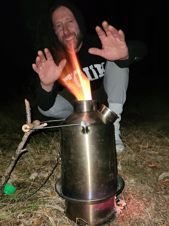 This is the first time Paul has been introduced to the Kelly Kettle on a night fishing trip - 'She is smoking hot, reliable and makes a great cup of tea!'.