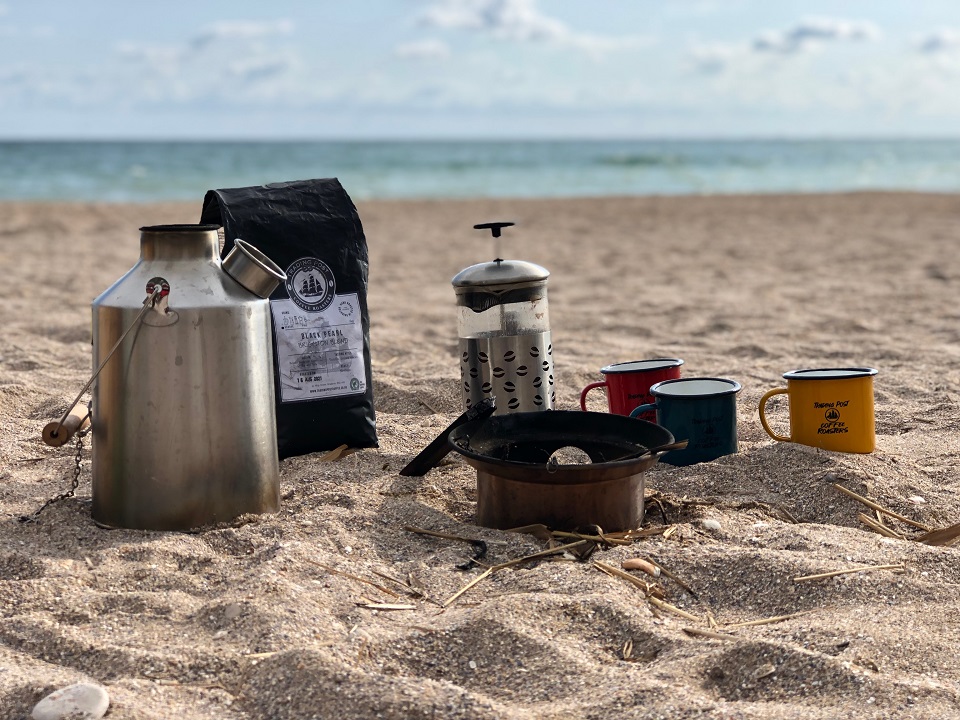 After camping on the beach we woke to a beautiful morning and made coffee for our group using our friends Kelly Kettle.