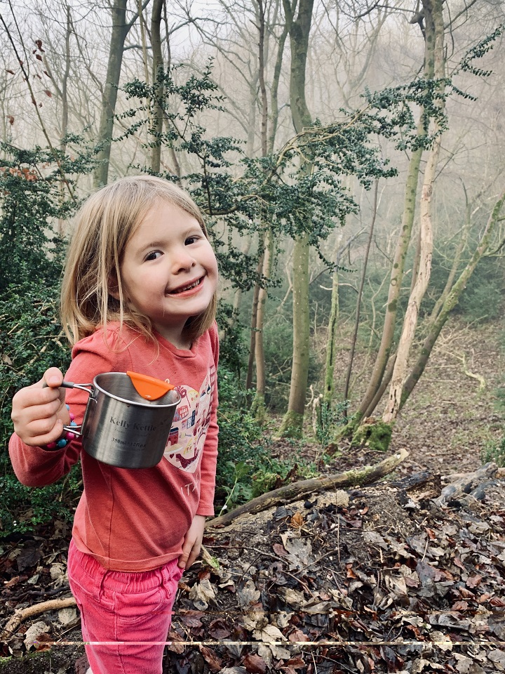 Joy is enjoying a lovely Feb 03 army rations hot chocolate in the woods on a cold winters day.