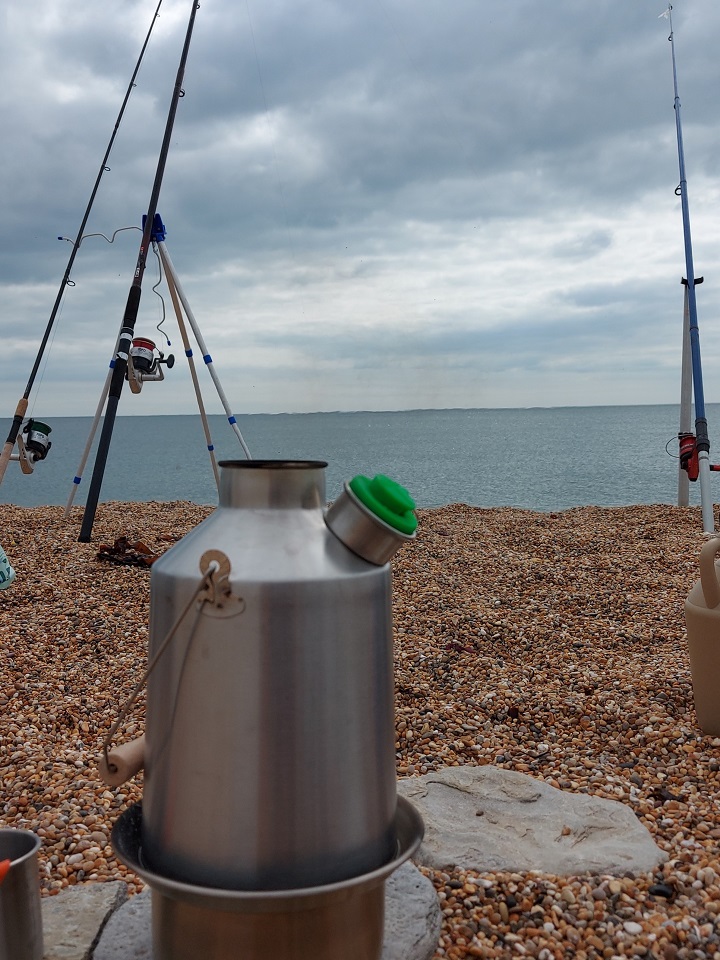 Chesil beach U.K., fishing for Mackerel, using the Kelly Kettle for a brew.