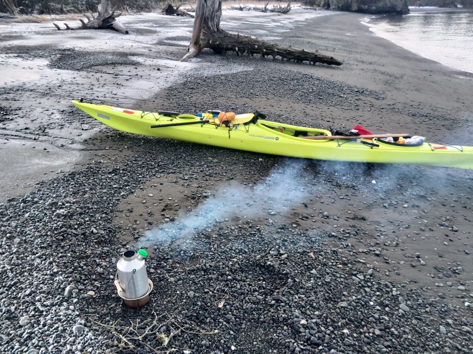 Kayaking on Kachemak Bay, Alaska, USA 08 January 2024 Air temperature 28F and water temperature was 42F. First boil up for my new KK in the real world.